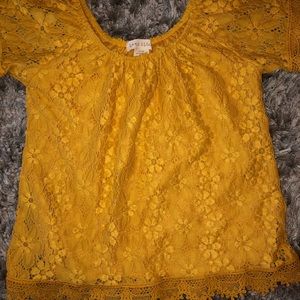 Yellow off the shoulder lace shirt